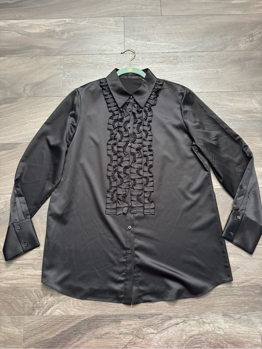 Tahari Tux Ruffle Front Black Blouse Large